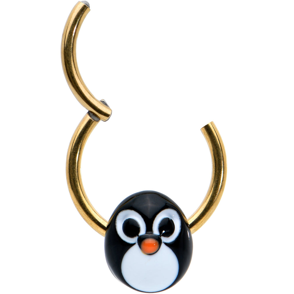 BodyCandy 16G 3/8 Gold Tone Round Penguin Face Holiday Hinged Segment Ring — detail close-up