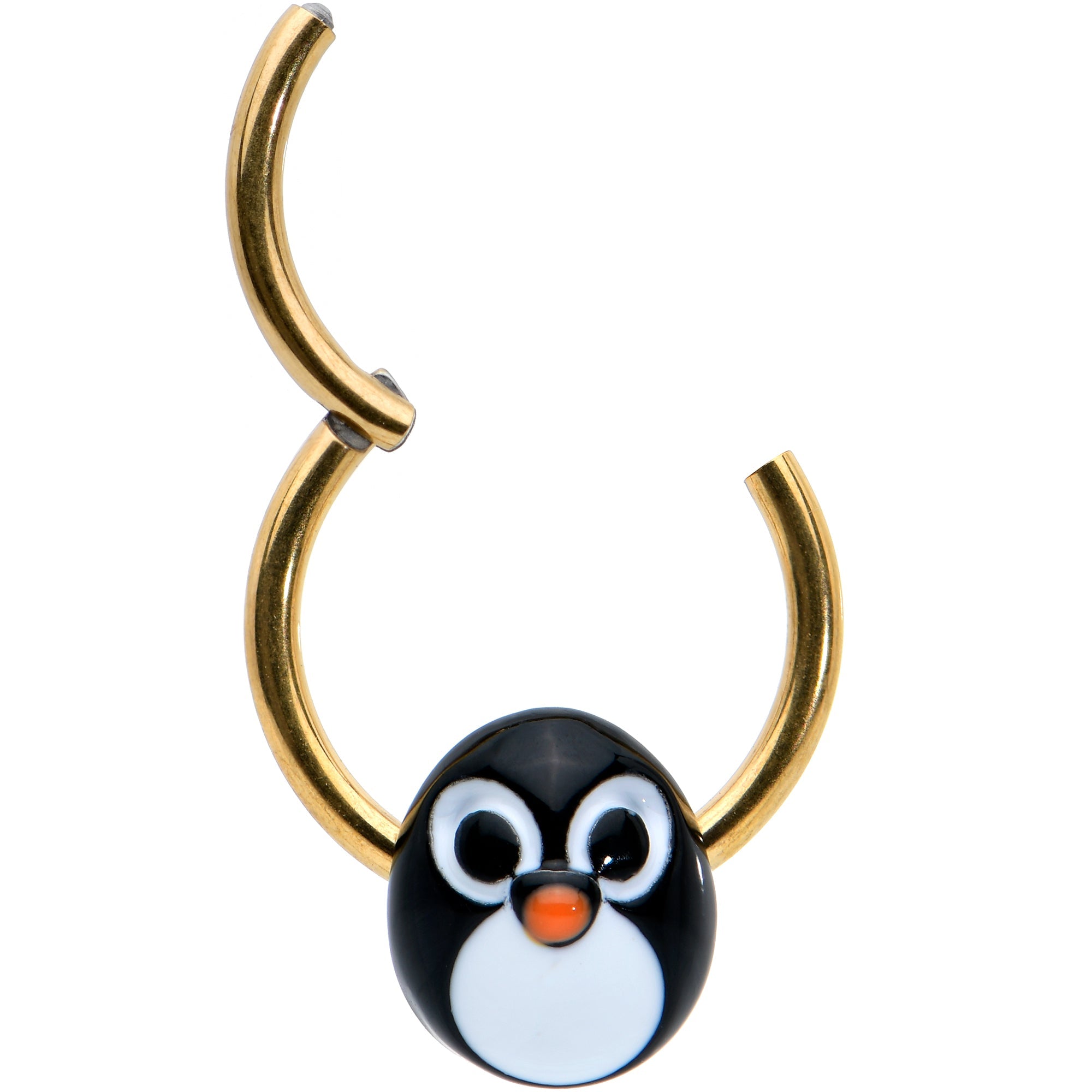 BodyCandy 16G 3/8 Gold Tone Round Penguin Face Holiday Hinged Segment Ring — detail close-up