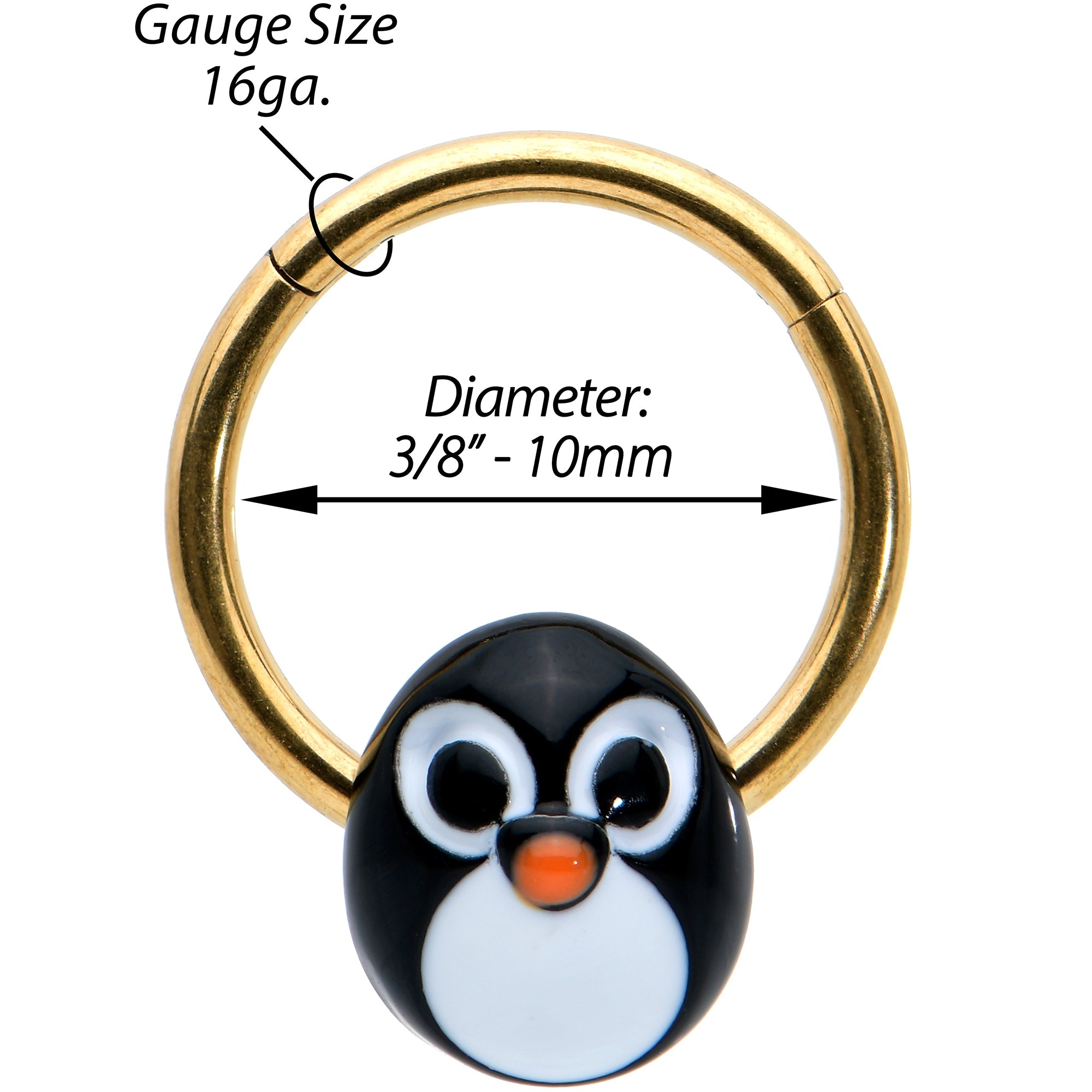 BodyCandy 16G 3/8 Gold Tone Round Penguin Face Holiday Hinged Segment Ring — side view