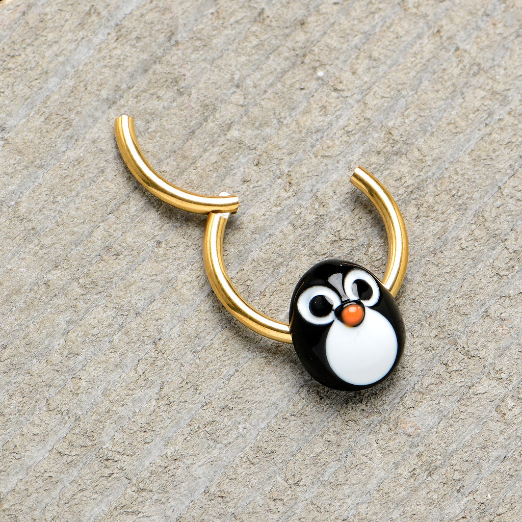 BodyCandy 16G 3/8 Gold Tone Round Penguin Face Holiday Hinged Segment Ring — alternative angle