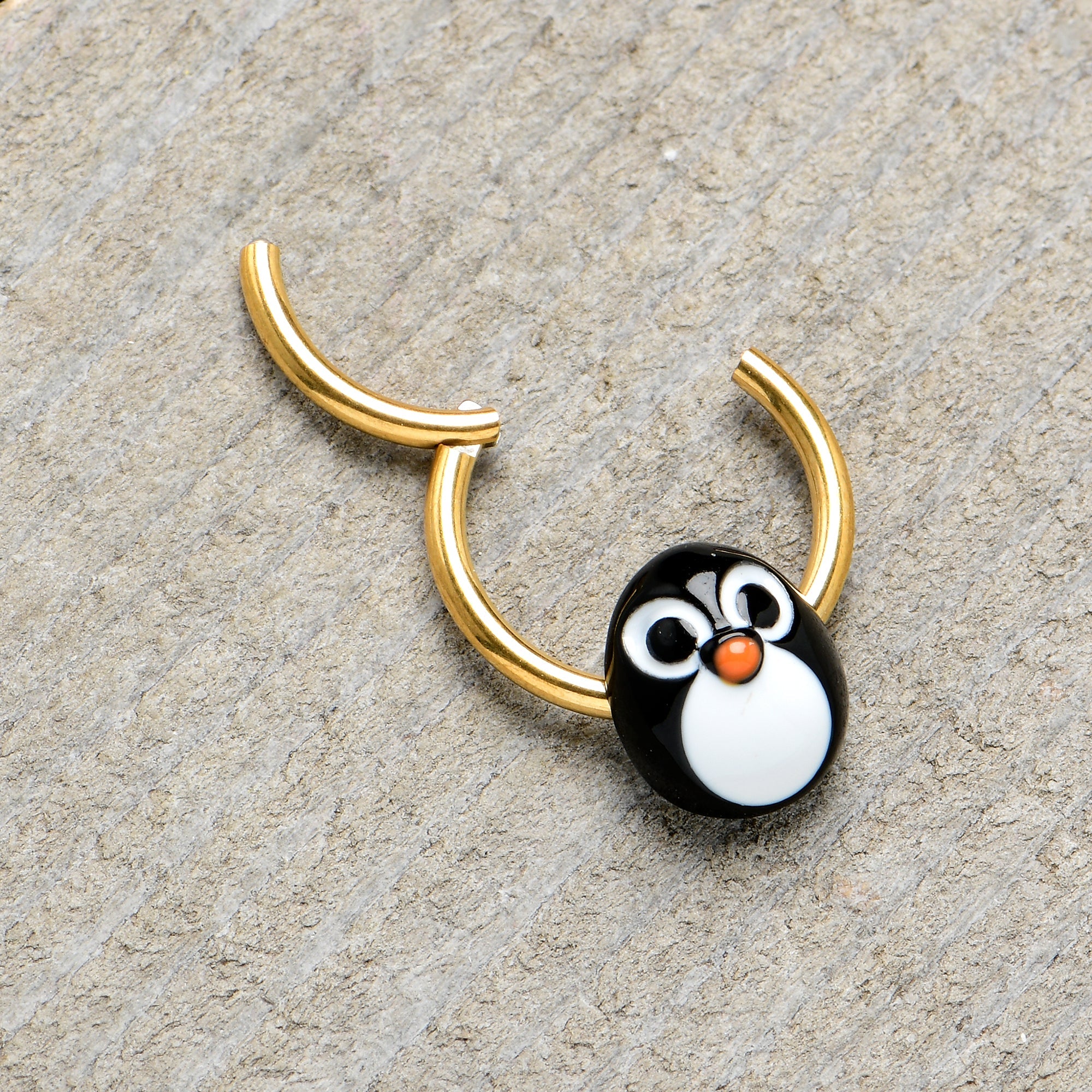 BodyCandy 16G 3/8 Gold Tone Round Penguin Face Holiday Hinged Segment Ring — alternative angle