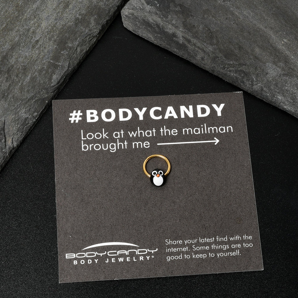 BodyCandy 16G 3/8 Gold Tone Round Penguin Face Holiday Hinged Segment Ring — in-use photo