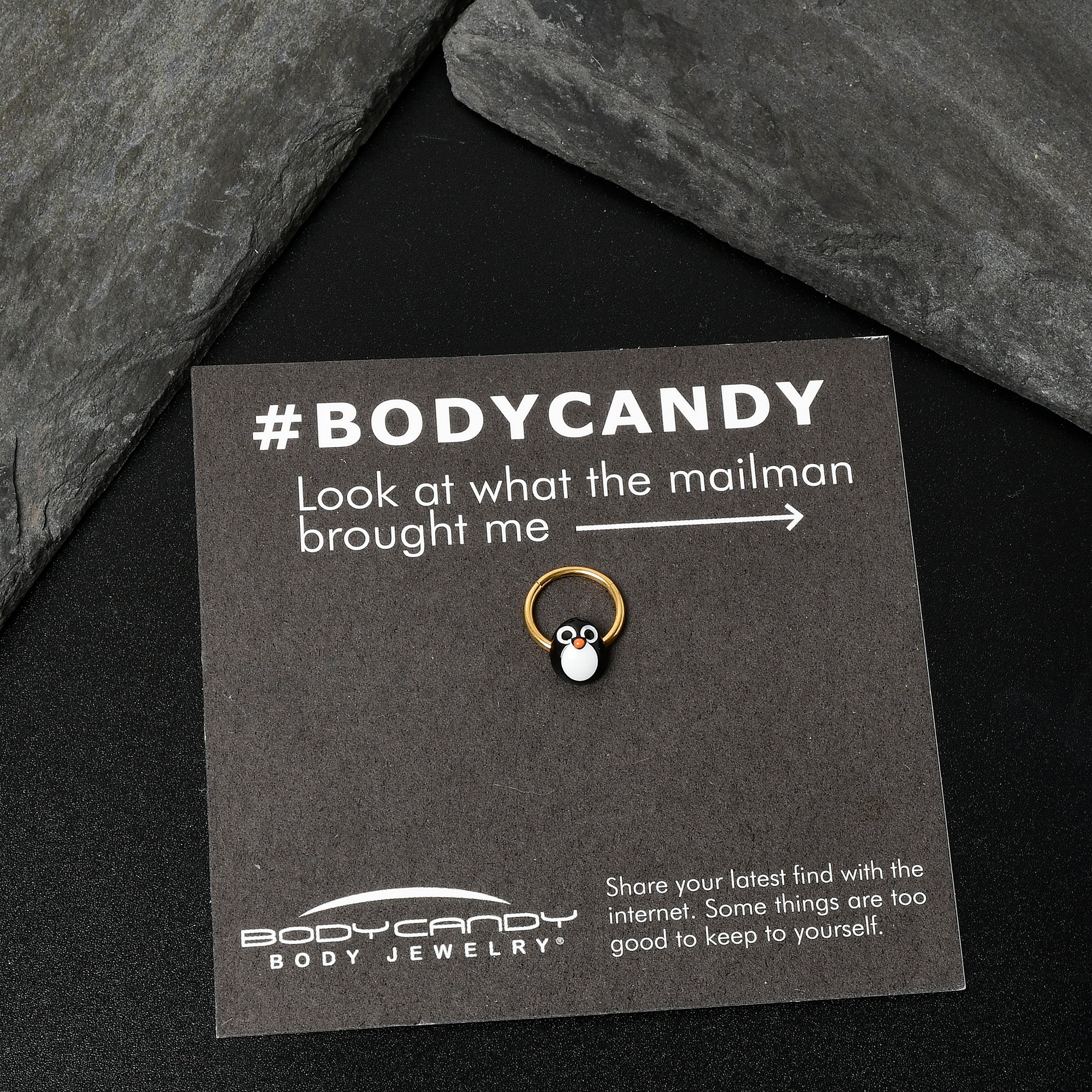 BodyCandy 16G 3/8 Gold Tone Round Penguin Face Holiday Hinged Segment Ring — in-use photo