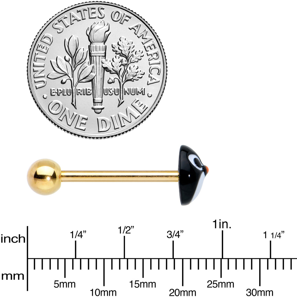BodyCandy Gold Tone Round Holiday Penguin Face Barbell Tongue Ring — side view