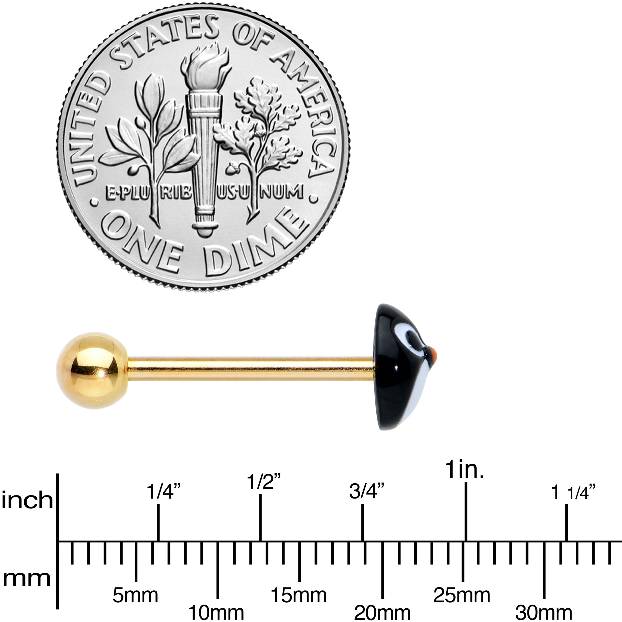 BodyCandy Gold Tone Round Holiday Penguin Face Barbell Tongue Ring — side view