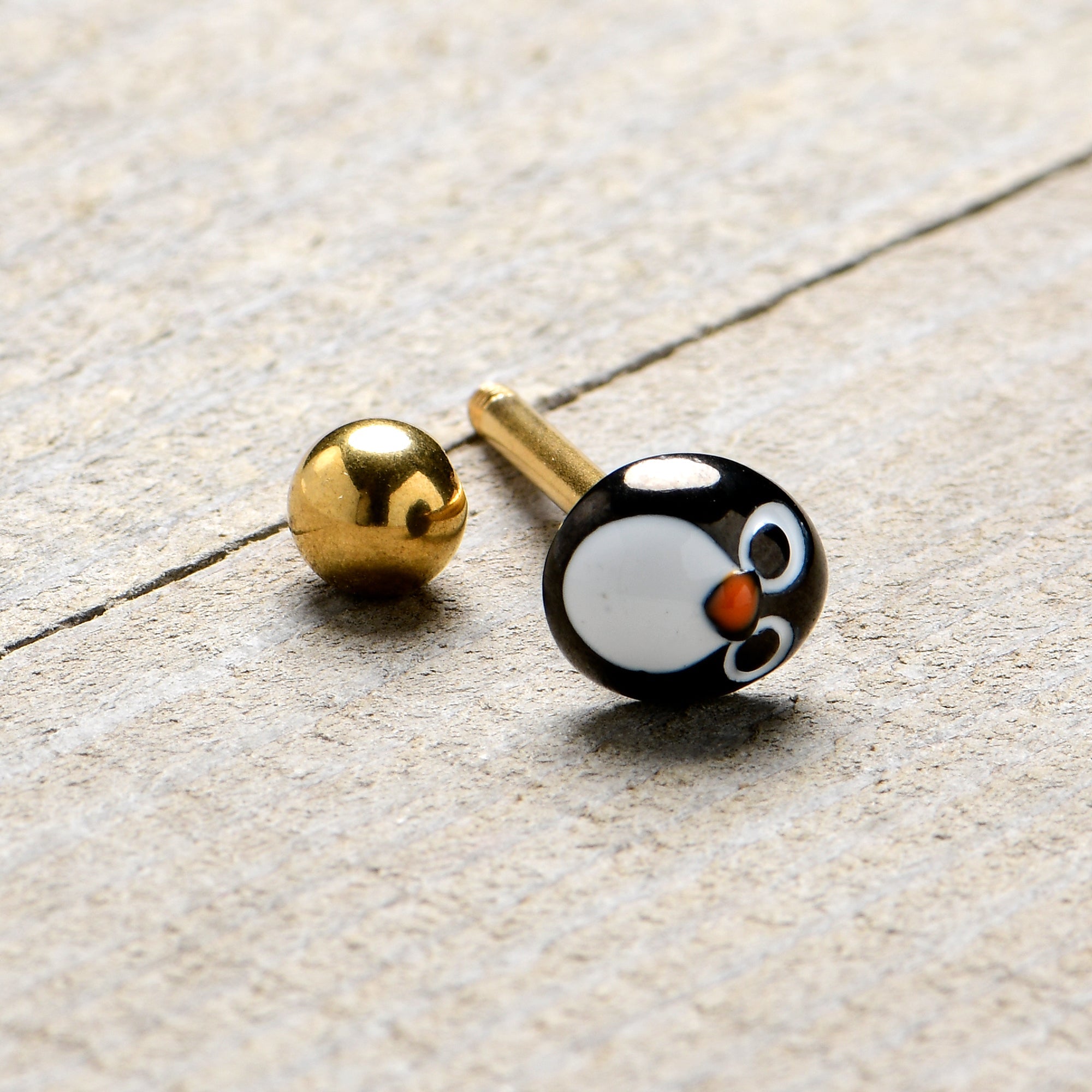 BodyCandy Gold Tone Round Holiday Penguin Face Barbell Tongue Ring — alternative angle
