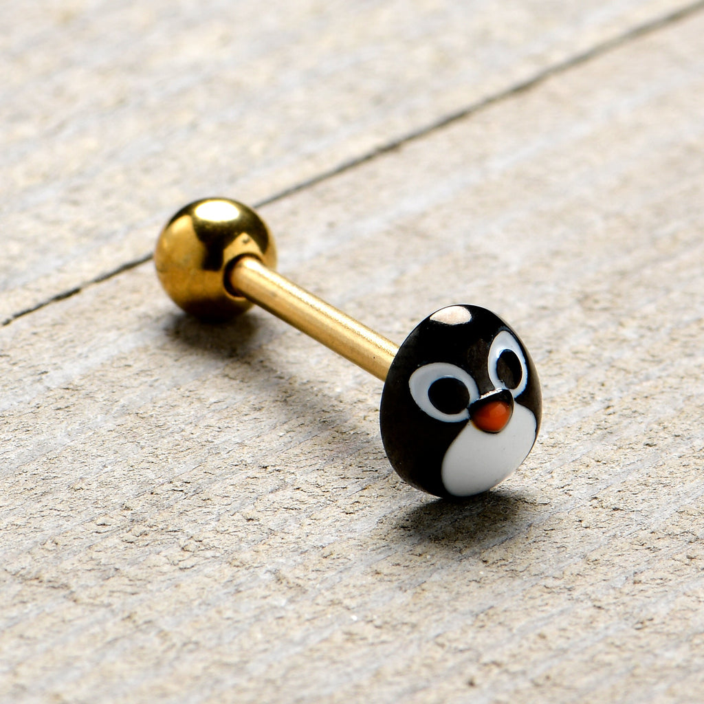 BodyCandy Gold Tone Round Holiday Penguin Face Barbell Tongue Ring — size reference