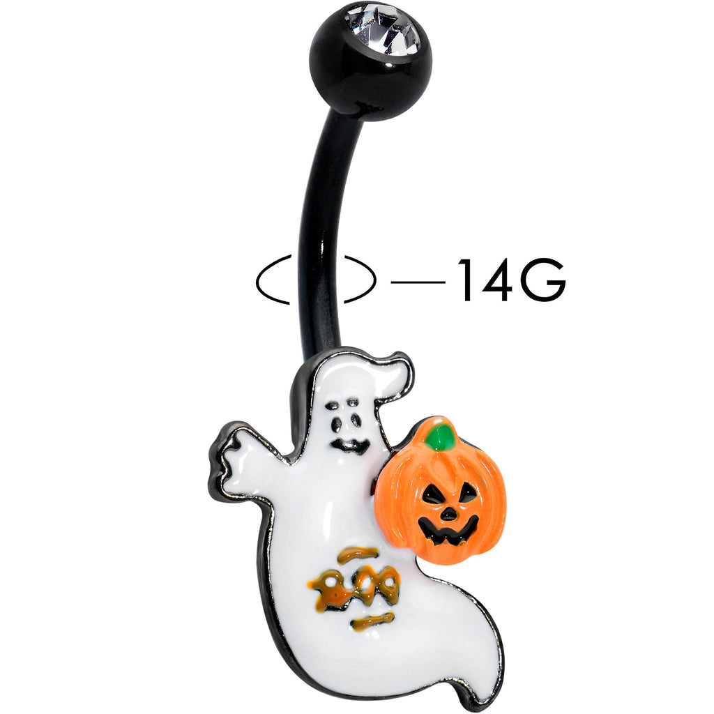 BodyCandy Clear Gem Black Ghost Pumpkin Boo Halloween Belly Ring — detail close-up