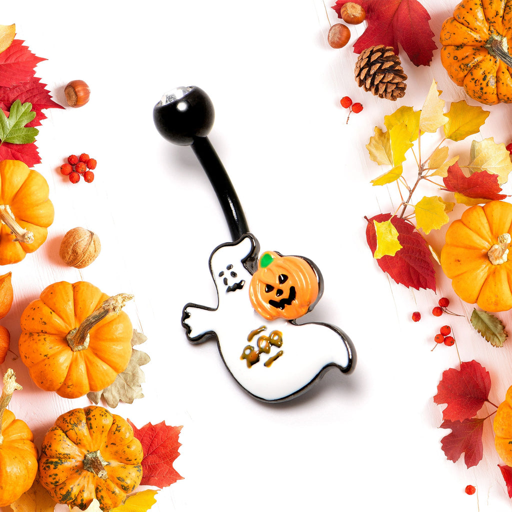 BodyCandy Clear Gem Black Ghost Pumpkin Boo Halloween Belly Ring — side view