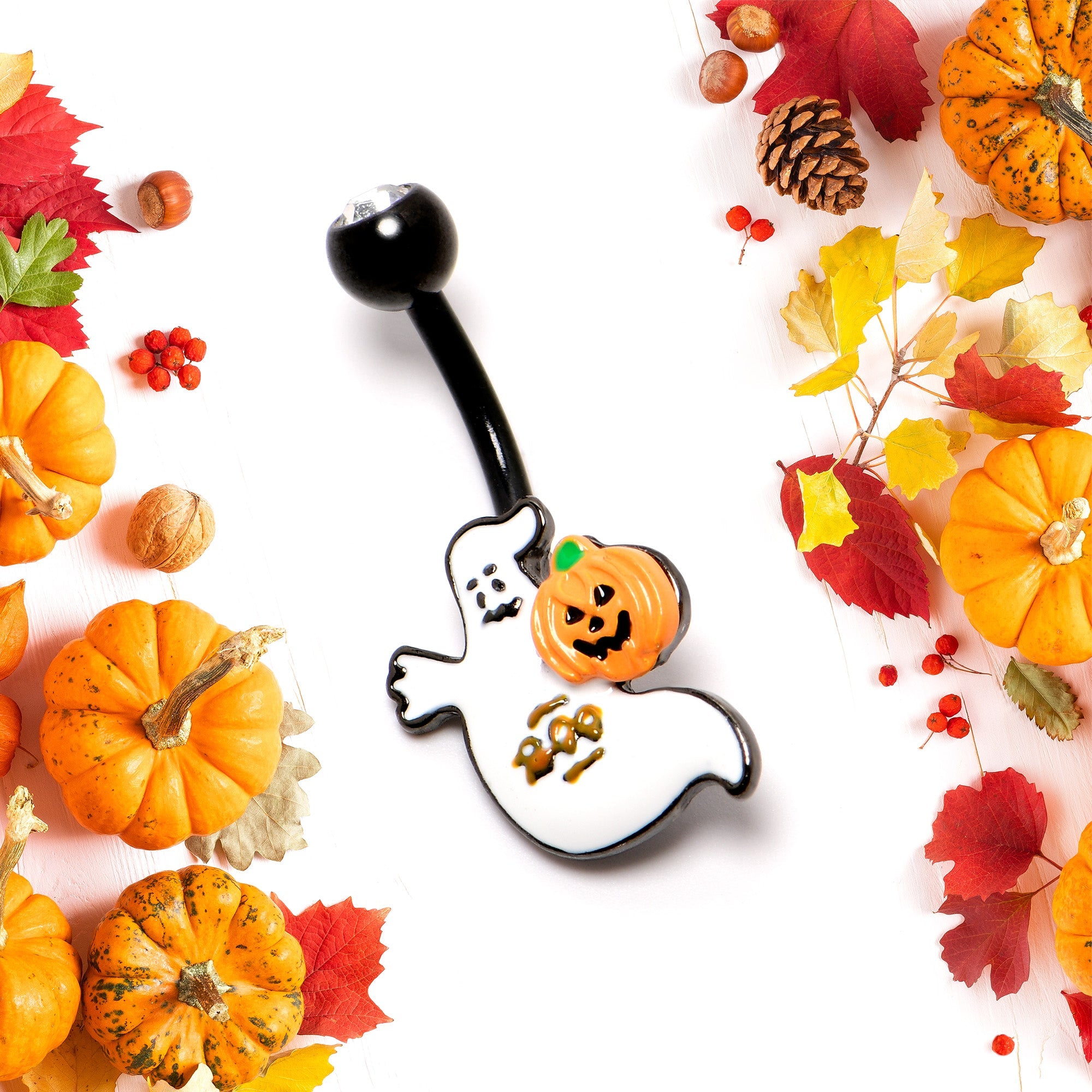 BodyCandy Clear Gem Black Ghost Pumpkin Boo Halloween Belly Ring — side view