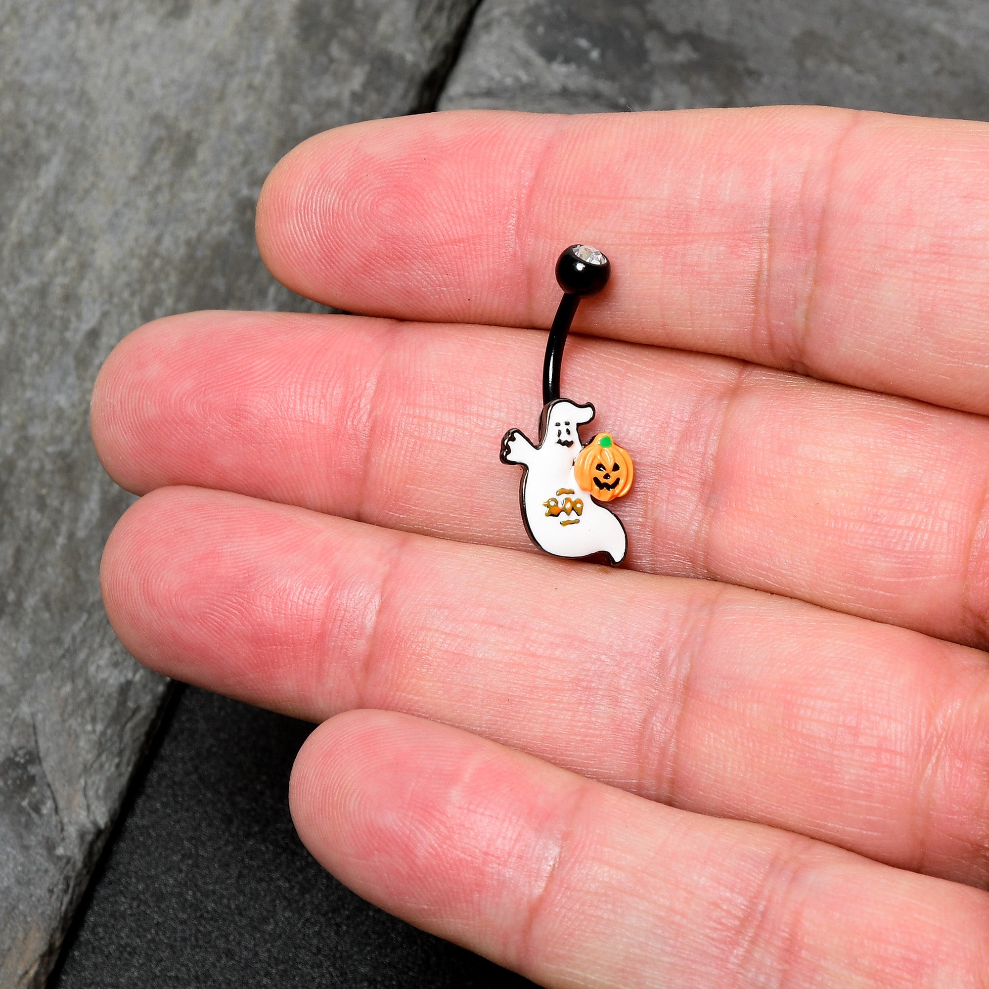 BodyCandy Clear Gem Black Ghost Pumpkin Boo Halloween Belly Ring — in-use photo