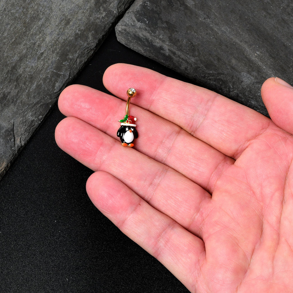 BodyCandy Clear Gem Gold Tone Holly Hat Penguin Holiday Belly Ring — side view