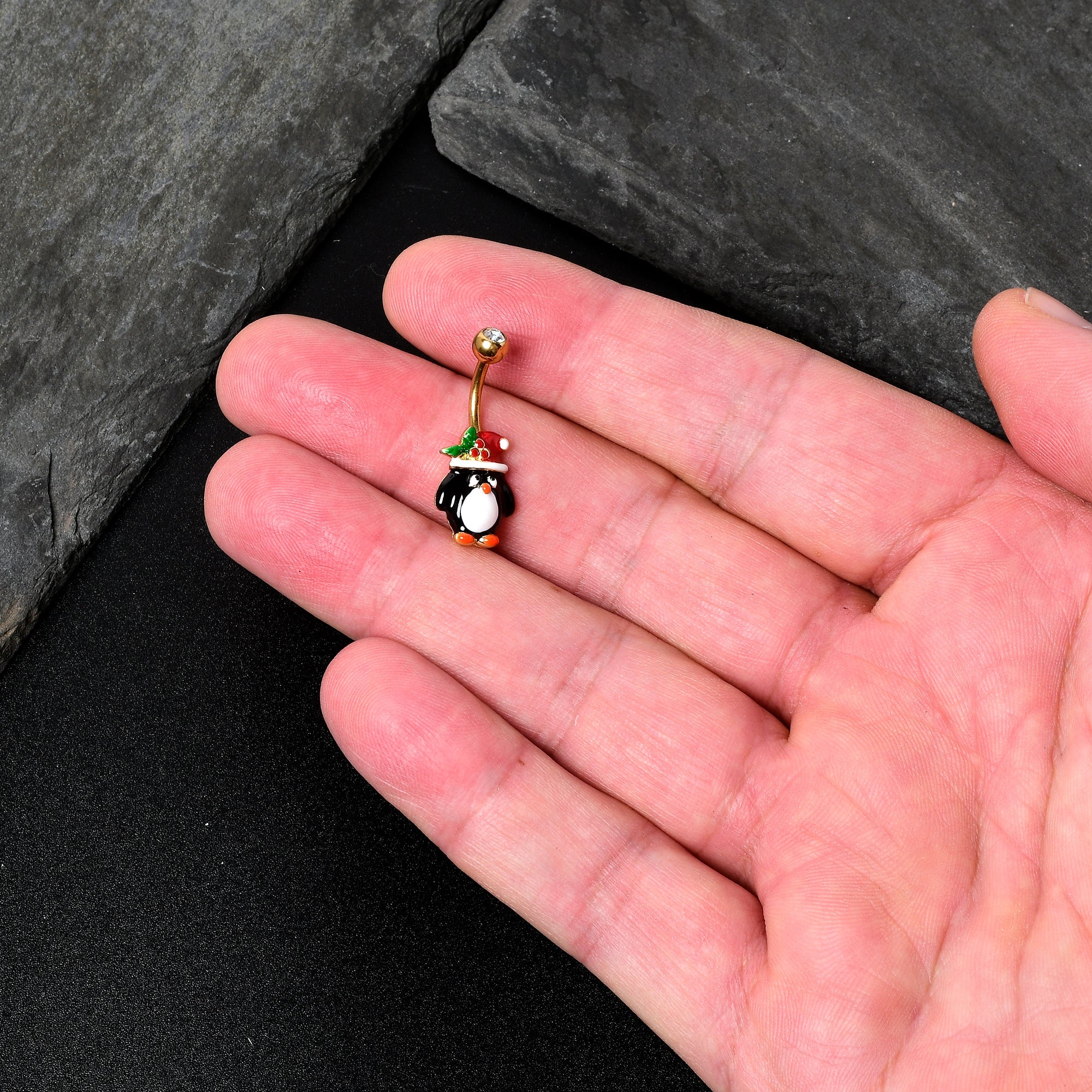 BodyCandy Clear Gem Gold Tone Holly Hat Penguin Holiday Belly Ring — side view