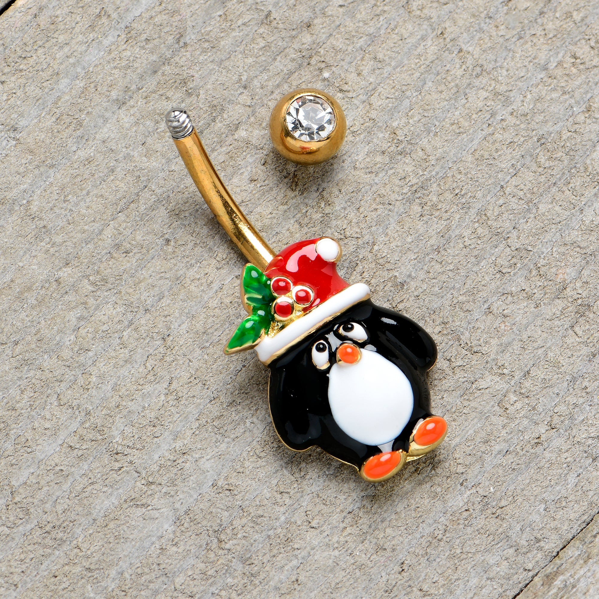 BodyCandy Clear Gem Gold Tone Holly Hat Penguin Holiday Belly Ring — back view