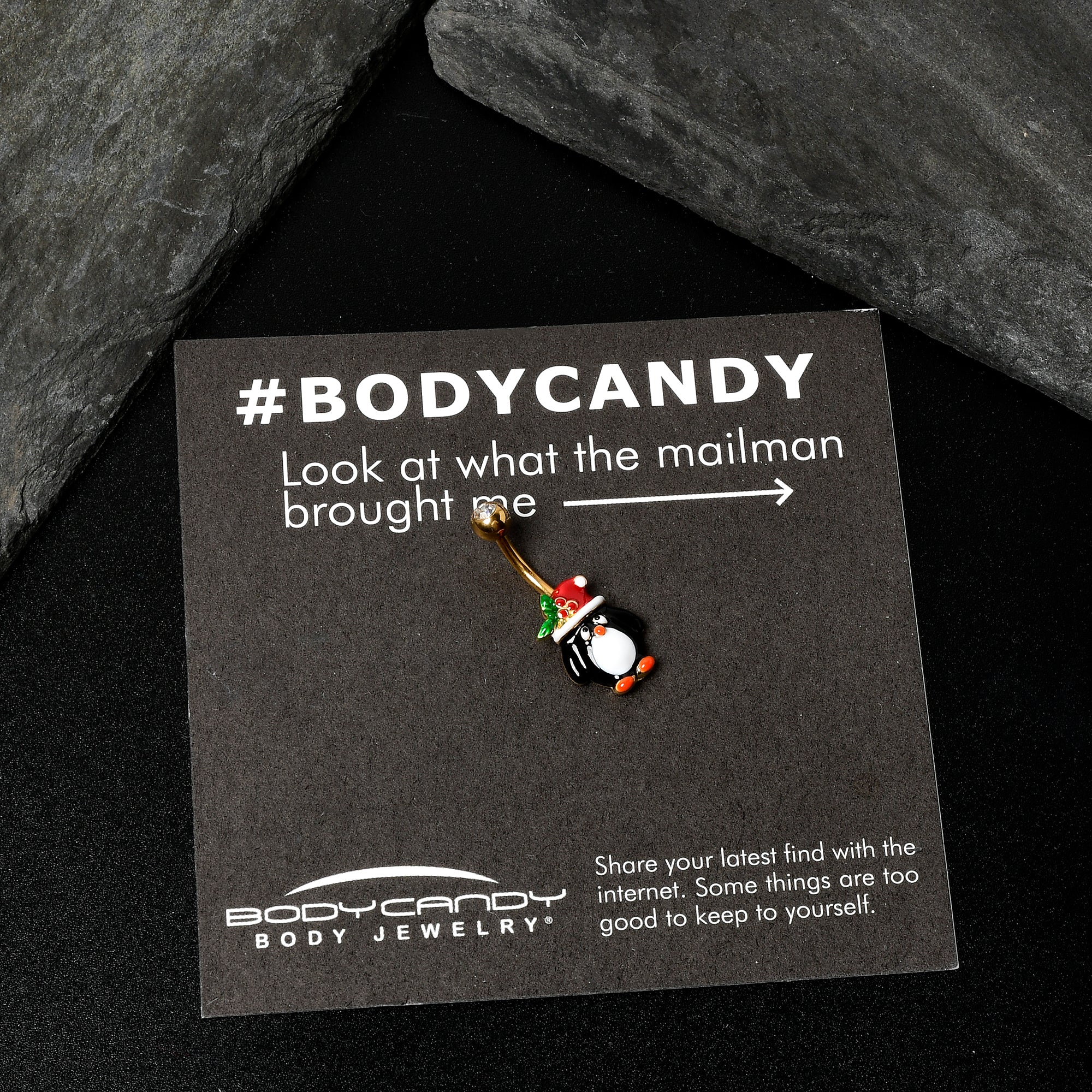 BodyCandy Clear Gem Gold Tone Holly Hat Penguin Holiday Belly Ring — alternative angle