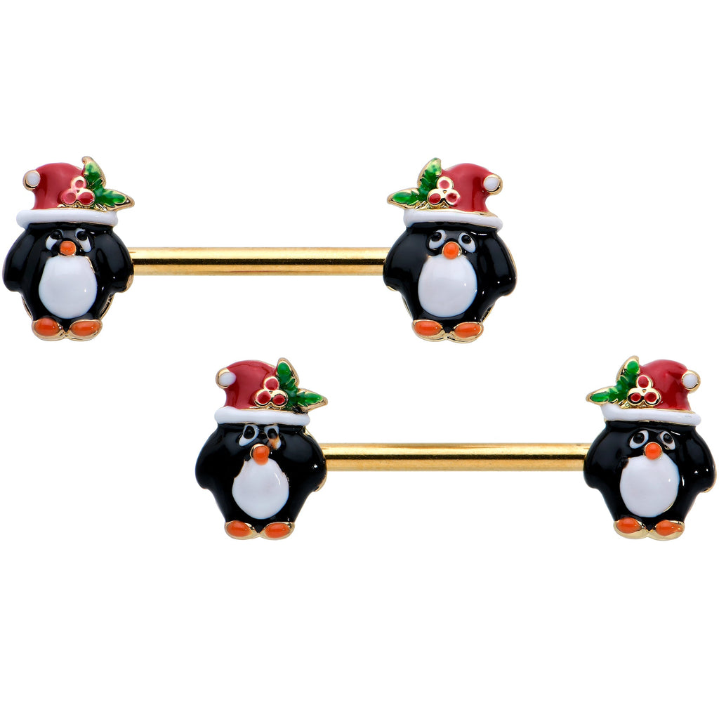BodyCandy 14G 9/16 Gold Tone Holly Hat Penguin Barbell Nipple Ring Set — main product shot