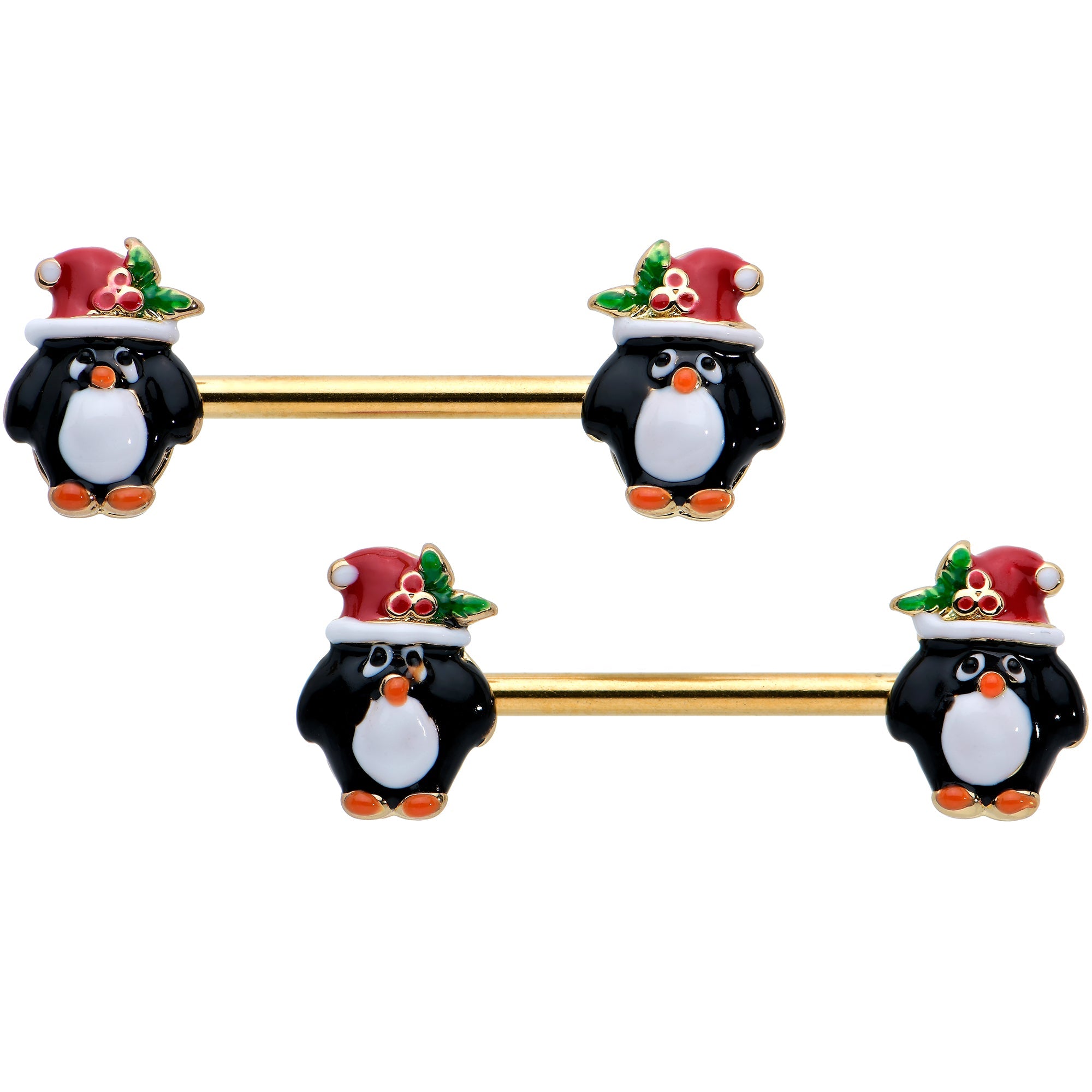 BodyCandy 14G 9/16 Gold Tone Holly Hat Penguin Barbell Nipple Ring Set — main product shot