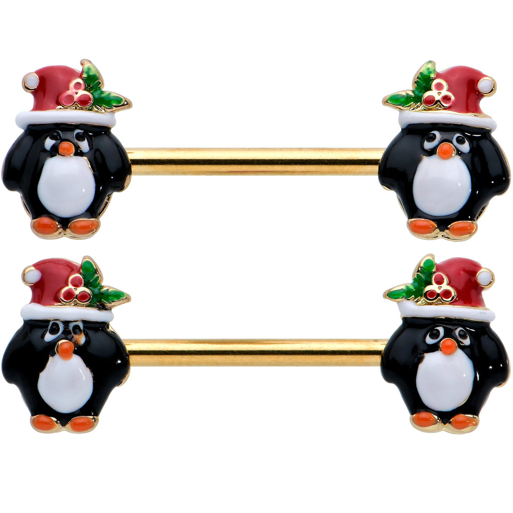 BodyCandy 14G 9/16 Gold Tone Holly Hat Penguin Barbell Nipple Ring Set — detail close-up