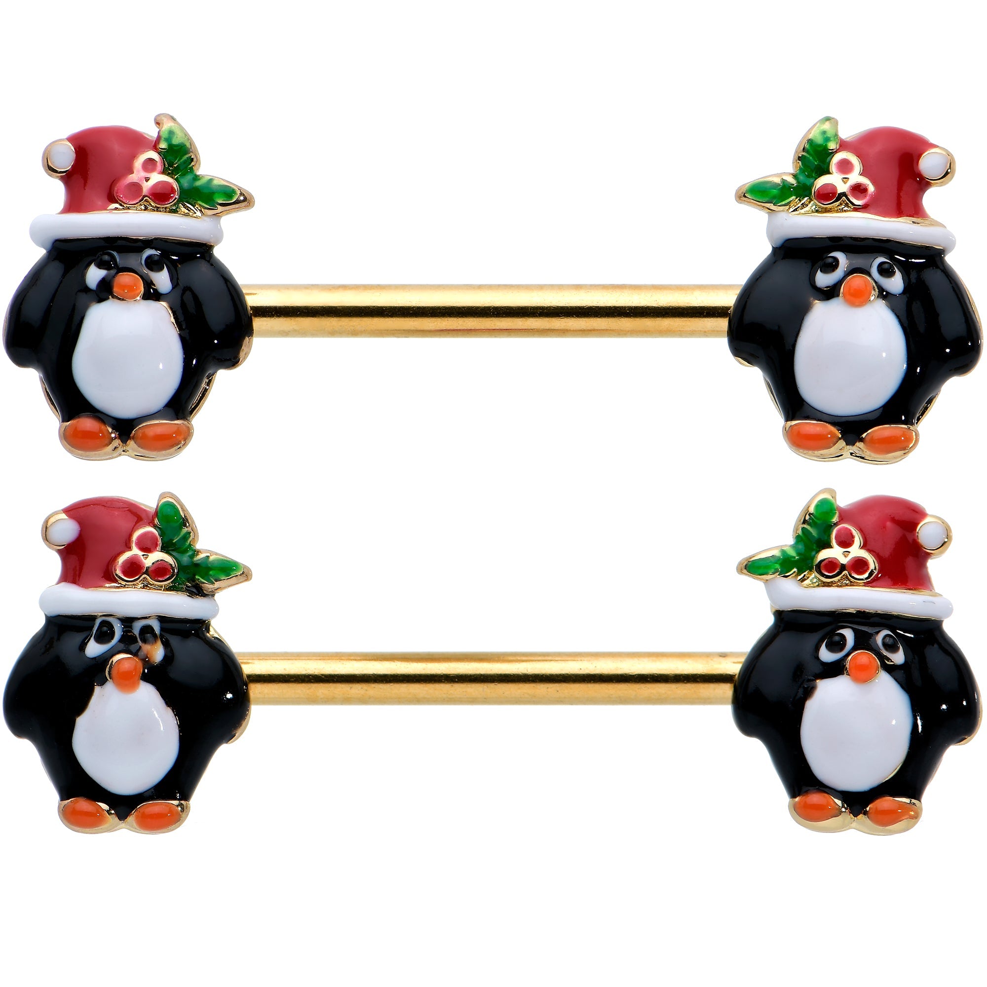 BodyCandy 14G 9/16 Gold Tone Holly Hat Penguin Barbell Nipple Ring Set — detail close-up