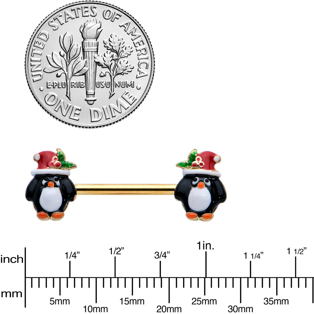 BodyCandy 14G 9/16 Gold Tone Holly Hat Penguin Barbell Nipple Ring Set — lifestyle context