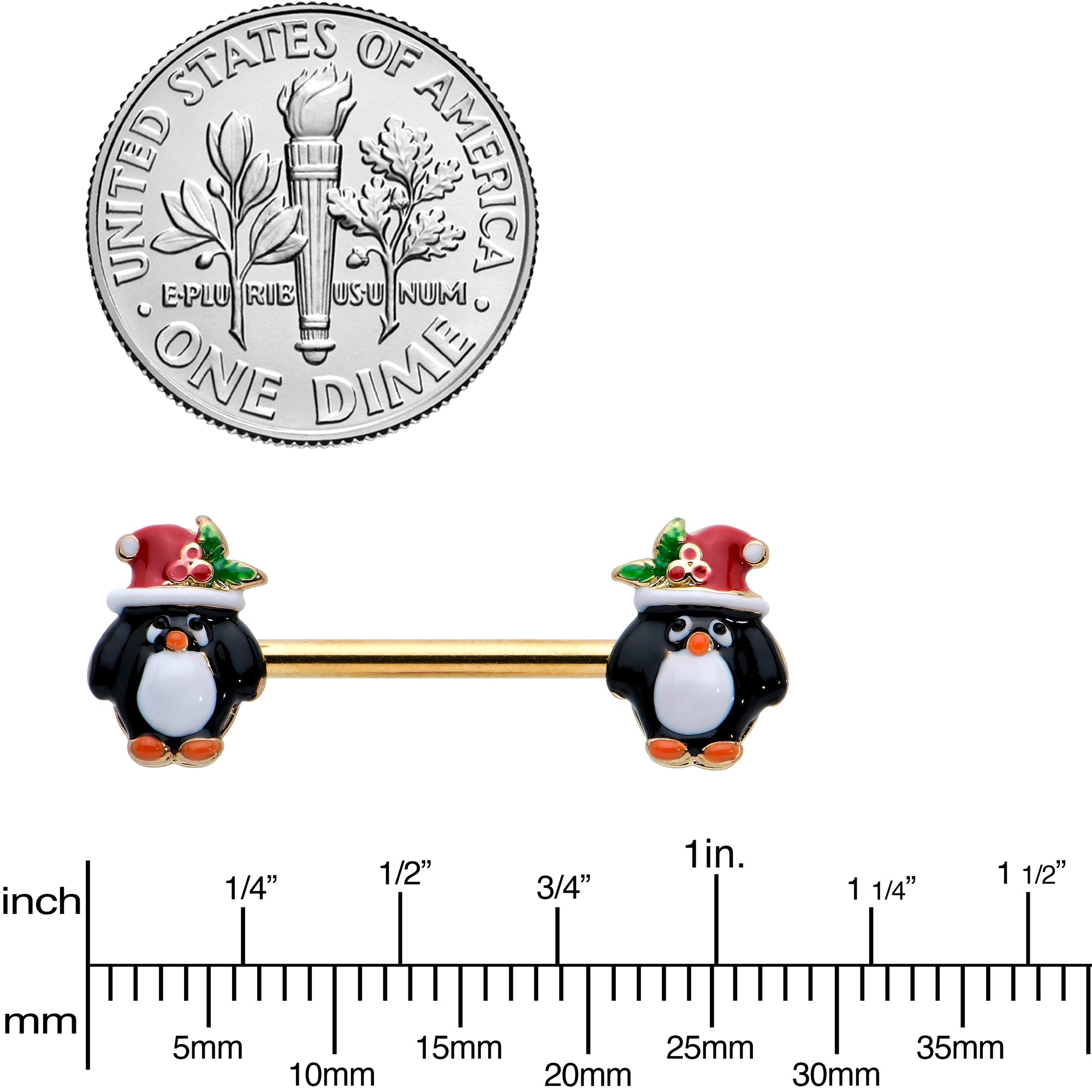 BodyCandy 14G 9/16 Gold Tone Holly Hat Penguin Barbell Nipple Ring Set — lifestyle context