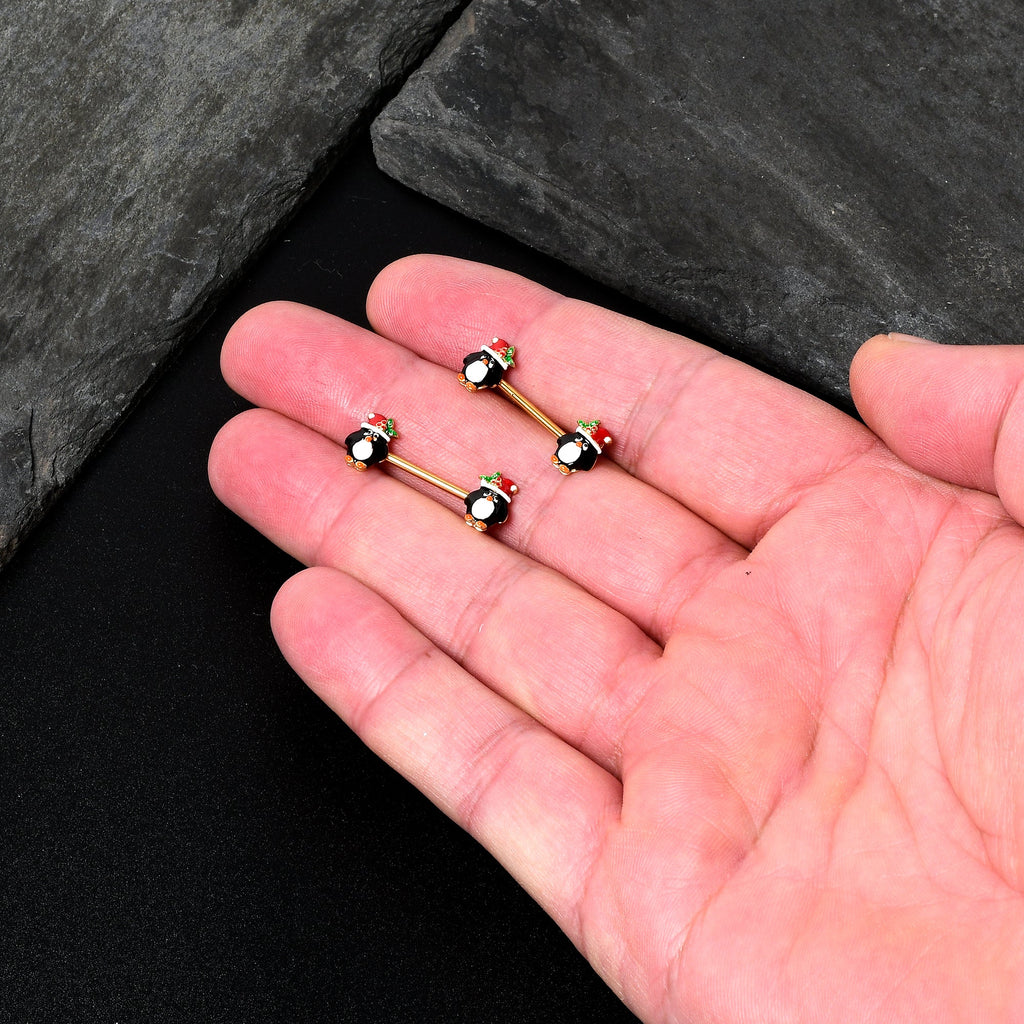 BodyCandy 14G 9/16 Gold Tone Holly Hat Penguin Barbell Nipple Ring Set — side view
