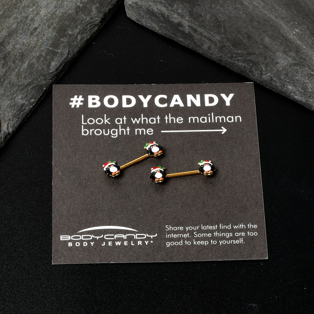 BodyCandy 14G 9/16 Gold Tone Holly Hat Penguin Barbell Nipple Ring Set — alternative angle