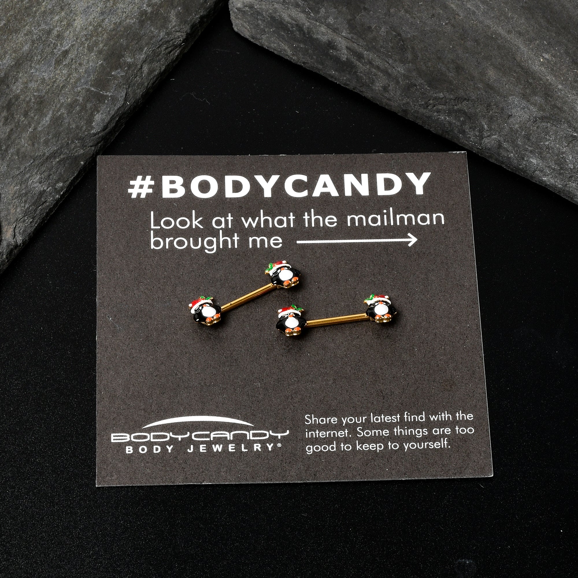 BodyCandy 14G 9/16 Gold Tone Holly Hat Penguin Barbell Nipple Ring Set — alternative angle