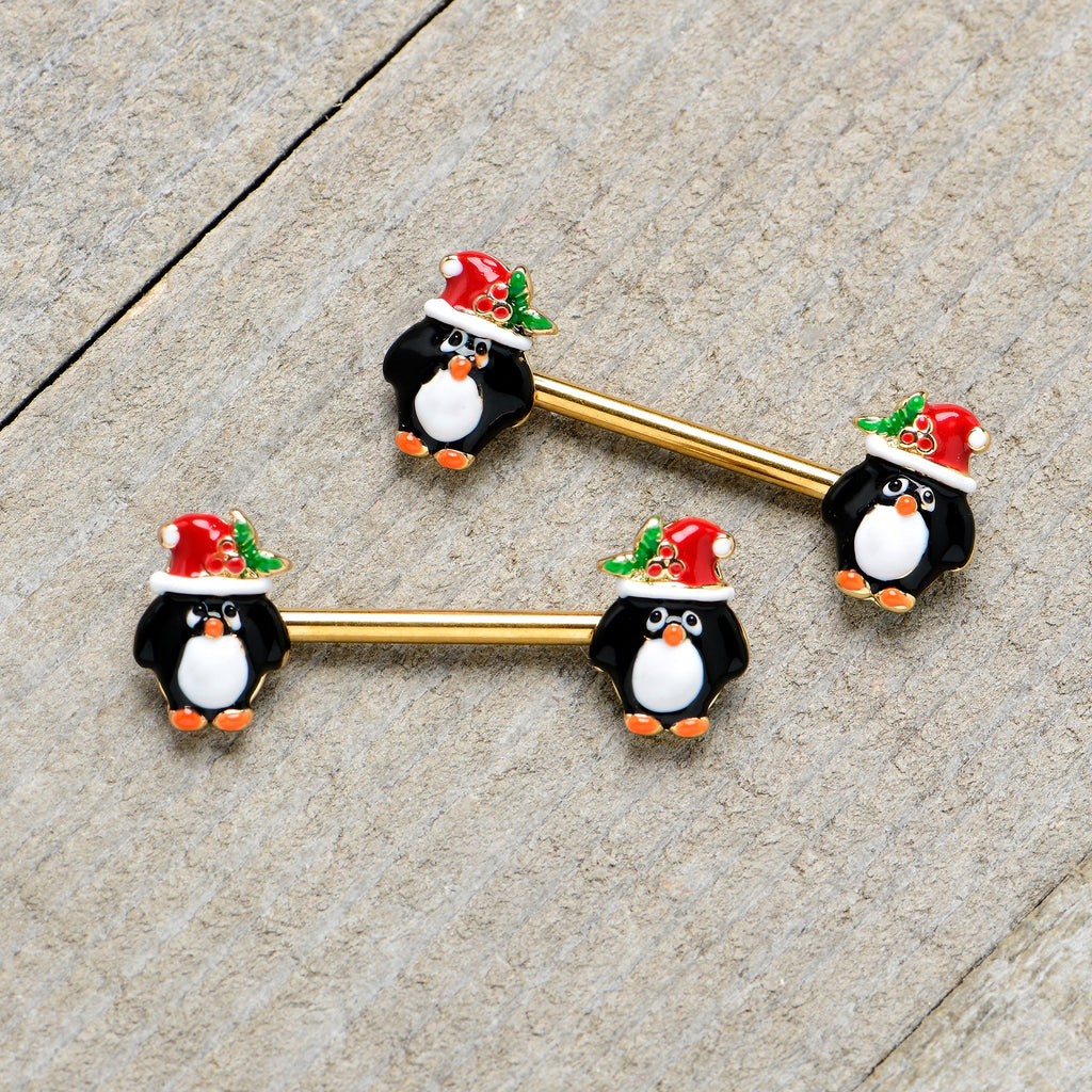 BodyCandy 14G 9/16 Gold Tone Holly Hat Penguin Barbell Nipple Ring Set — in-use photo