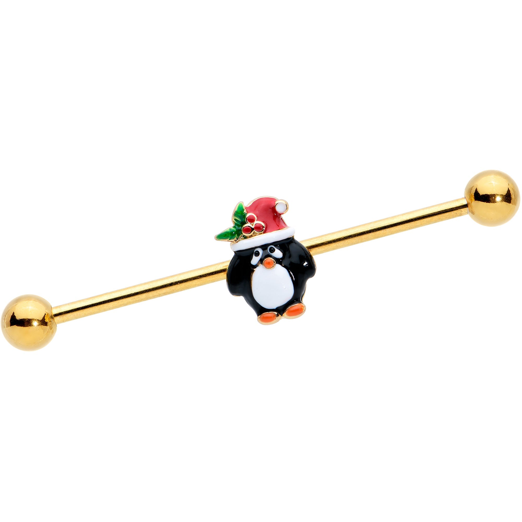 BodyCandy 14G Gold Tone Holly Hat Penguin Holiday Industrial Barbell 38mm — main product shot