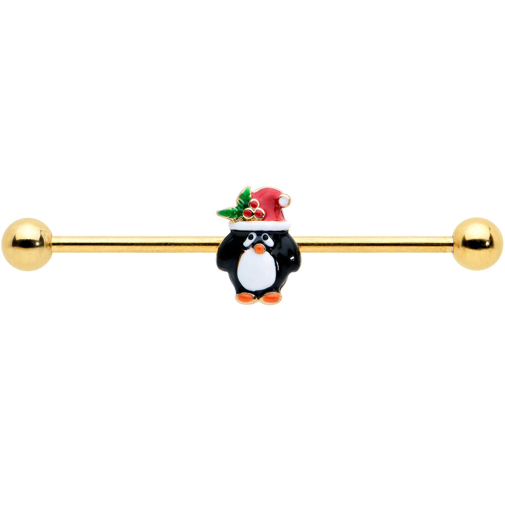 BodyCandy 14G Gold Tone Holly Hat Penguin Holiday Industrial Barbell 38mm — detail close-up