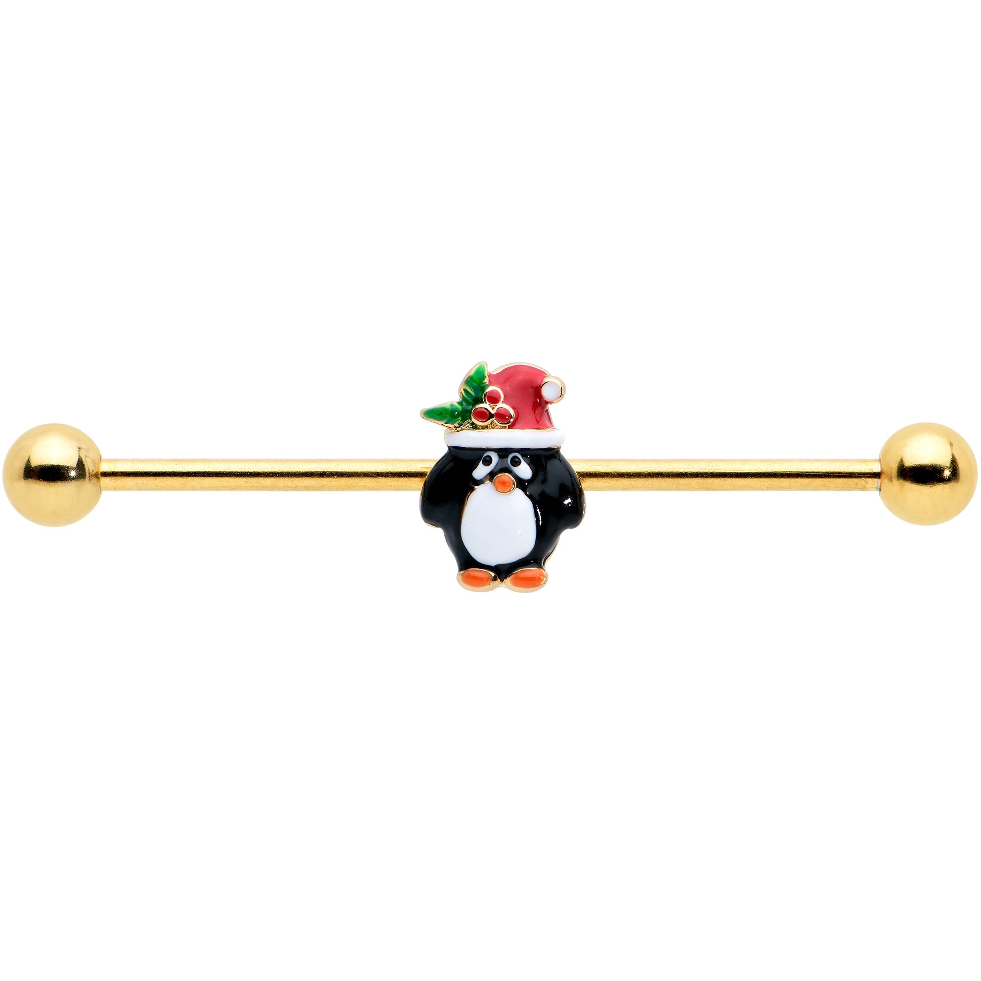 BodyCandy 14G Gold Tone Holly Hat Penguin Holiday Industrial Barbell 38mm — detail close-up