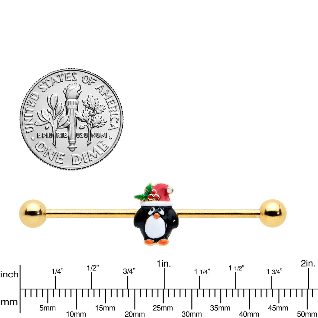 BodyCandy 14G Gold Tone Holly Hat Penguin Holiday Industrial Barbell 38mm — lifestyle context