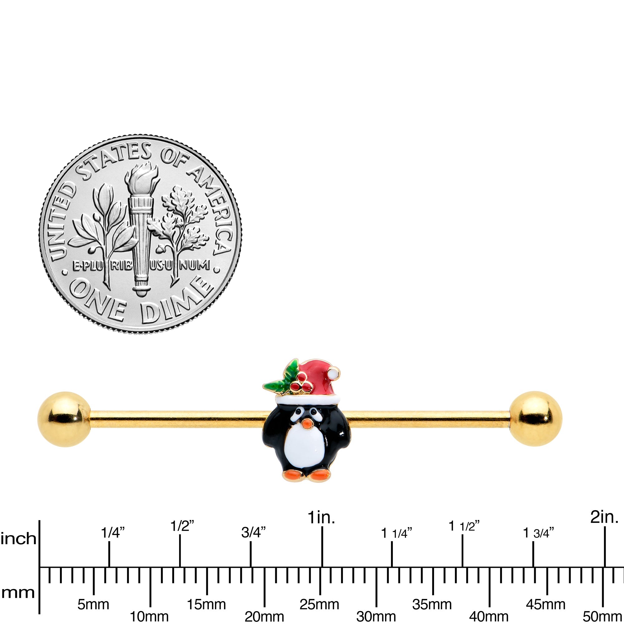 BodyCandy 14G Gold Tone Holly Hat Penguin Holiday Industrial Barbell 38mm — lifestyle context