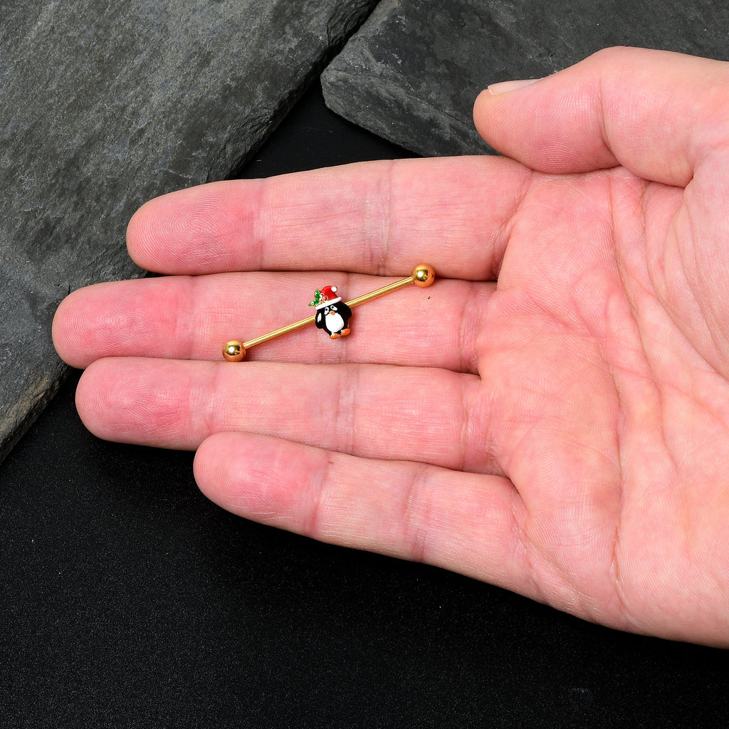 BodyCandy 14G Gold Tone Holly Hat Penguin Holiday Industrial Barbell 38mm — side view