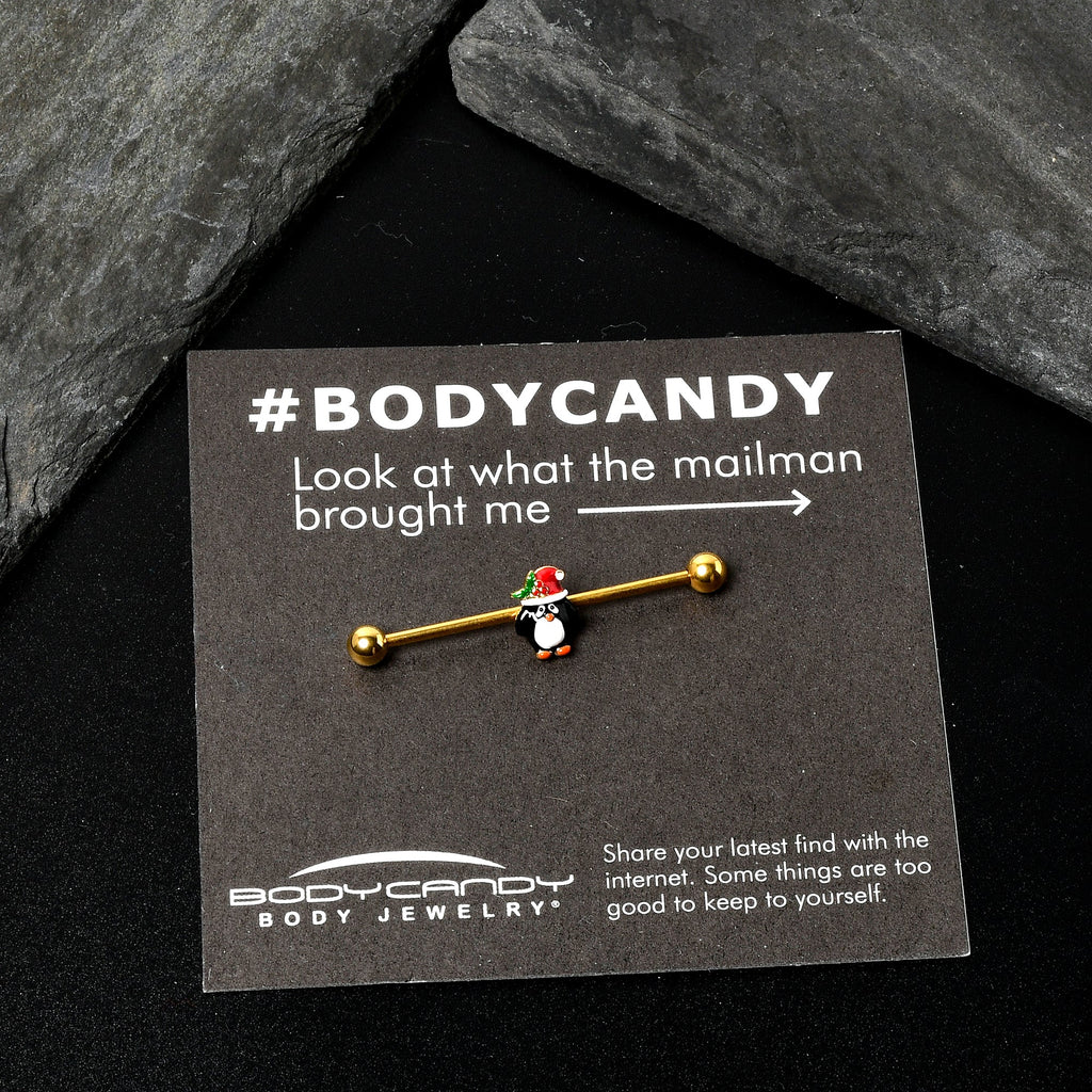 BodyCandy 14G Gold Tone Holly Hat Penguin Holiday Industrial Barbell 38mm — back view