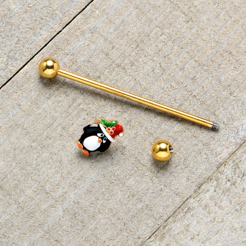 BodyCandy 14G Gold Tone Holly Hat Penguin Holiday Industrial Barbell 38mm — alternative angle