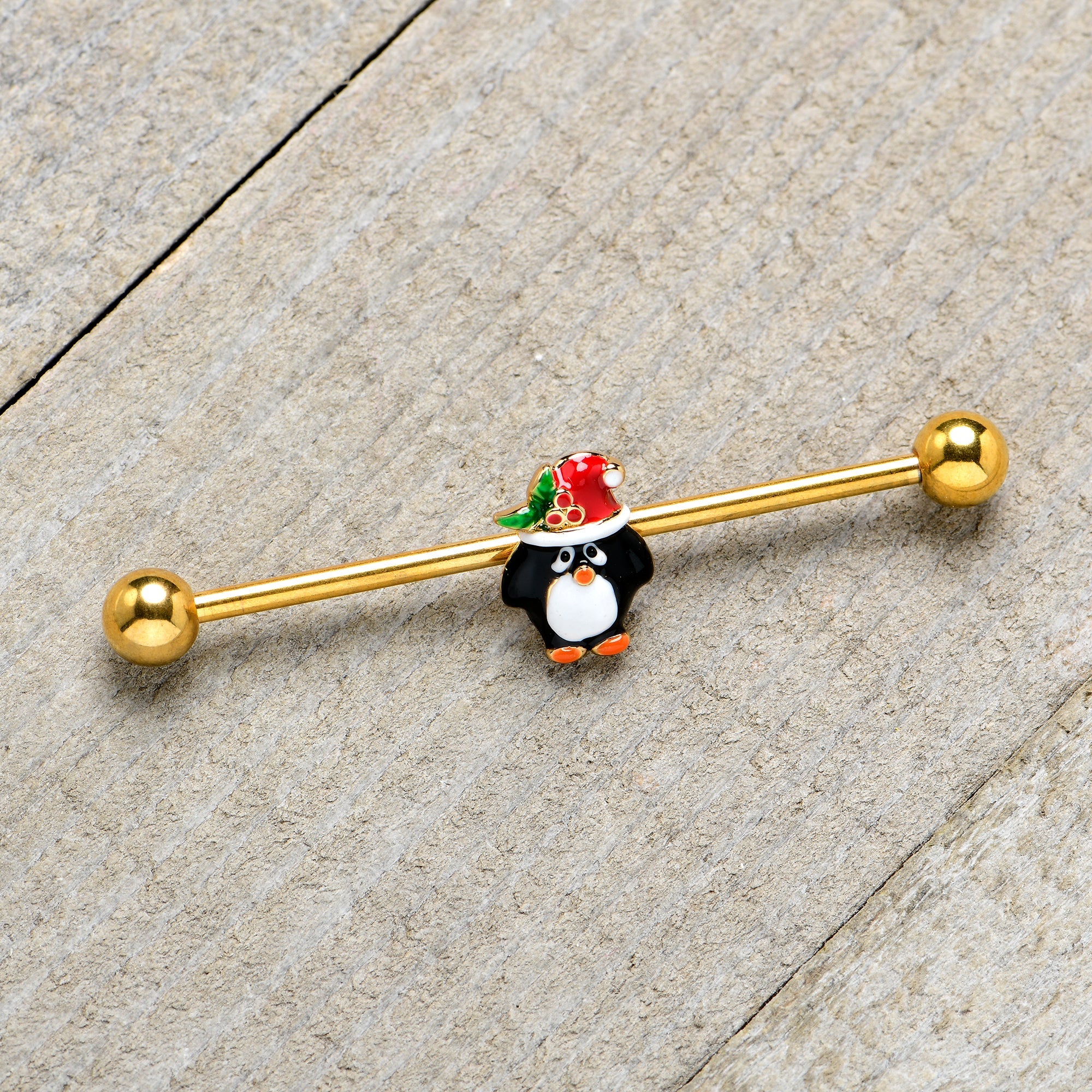 BodyCandy 14G Gold Tone Holly Hat Penguin Holiday Industrial Barbell 38mm — size reference