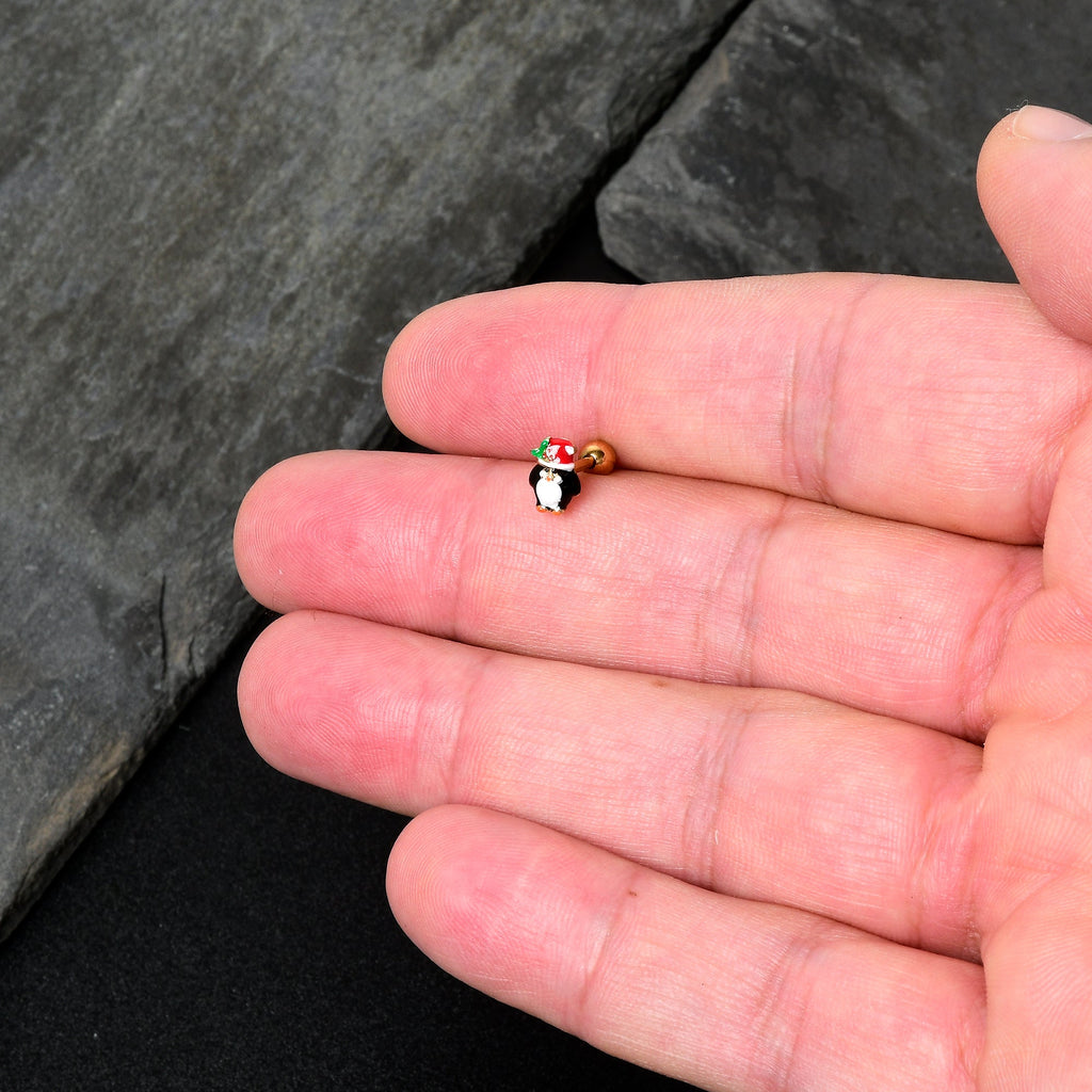 BodyCandy 16G 1/4 Gold Tone Holly Hat Penguin Cartilage Tragus Earring — in-use photo