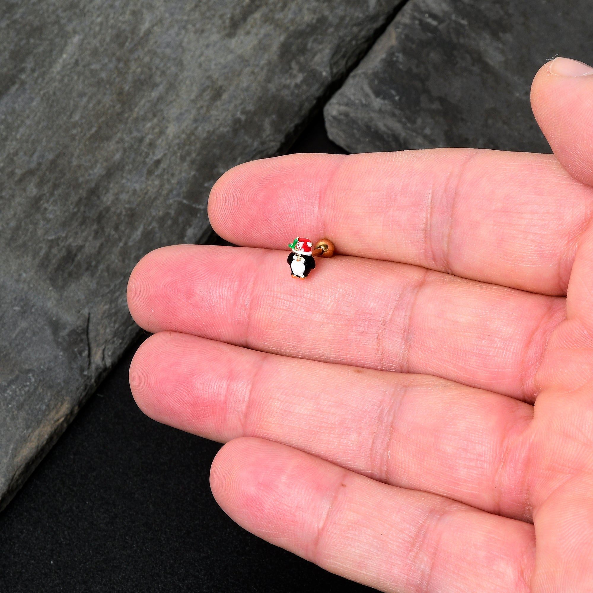 BodyCandy 16G 1/4 Gold Tone Holly Hat Penguin Cartilage Tragus Earring — in-use photo