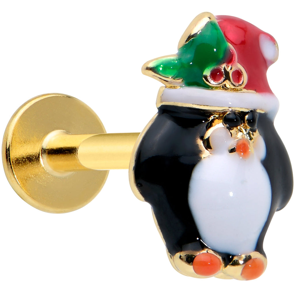 BodyCandy 16G 5/16 Gold Tone Holly Hat Penguin Holiday Labret Monroe Tragus — main product shot