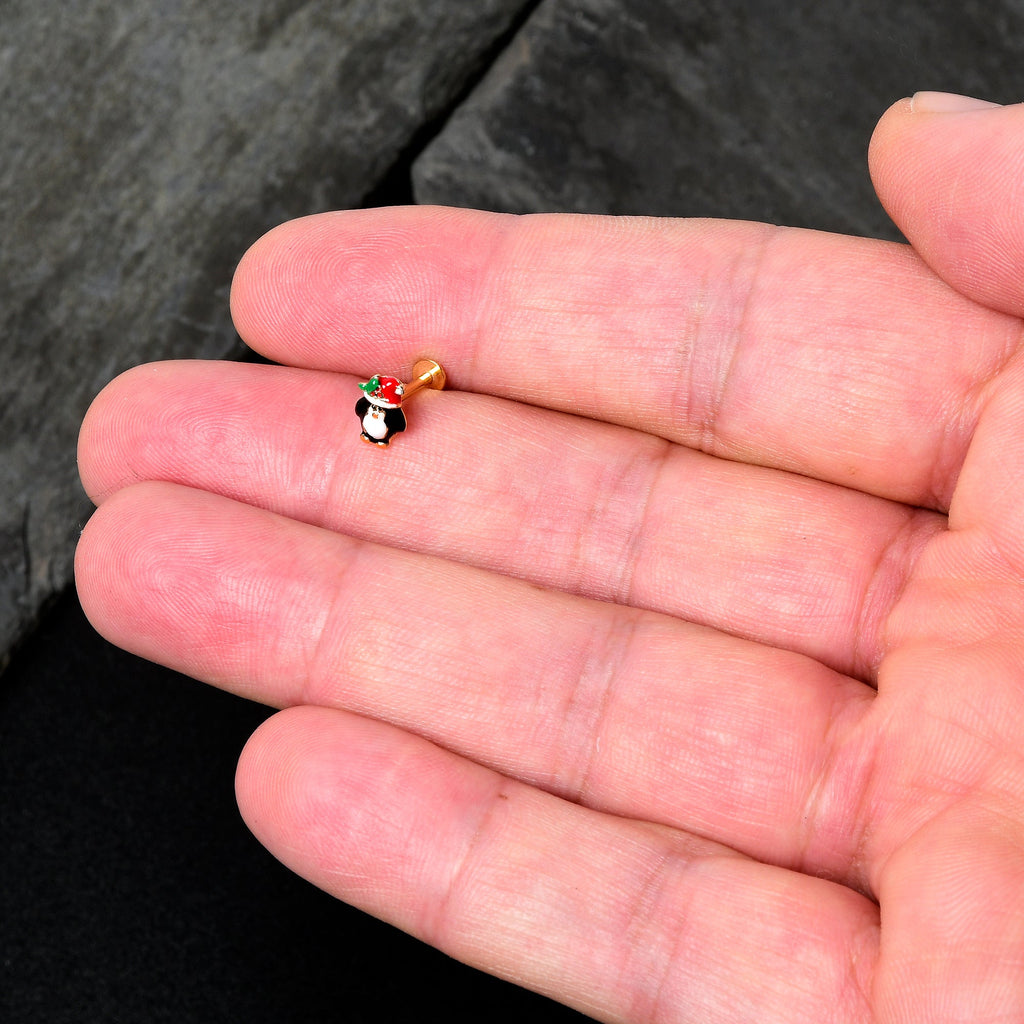 BodyCandy 16G 5/16 Gold Tone Holly Hat Penguin Holiday Labret Monroe Tragus — side view