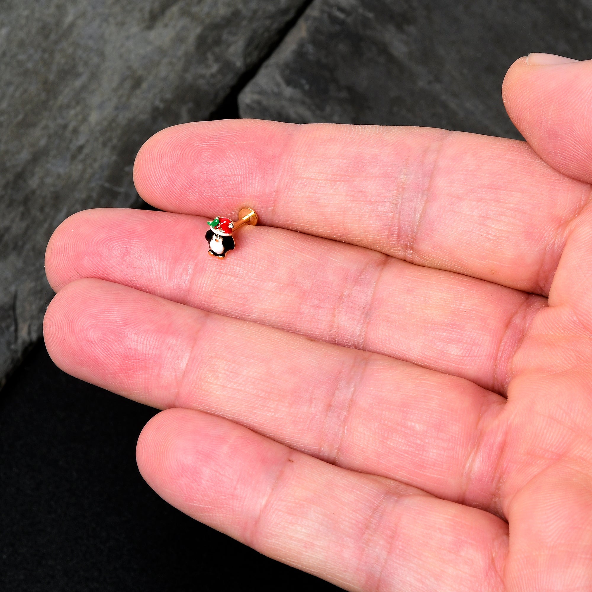 BodyCandy 16G 5/16 Gold Tone Holly Hat Penguin Holiday Labret Monroe Tragus — side view