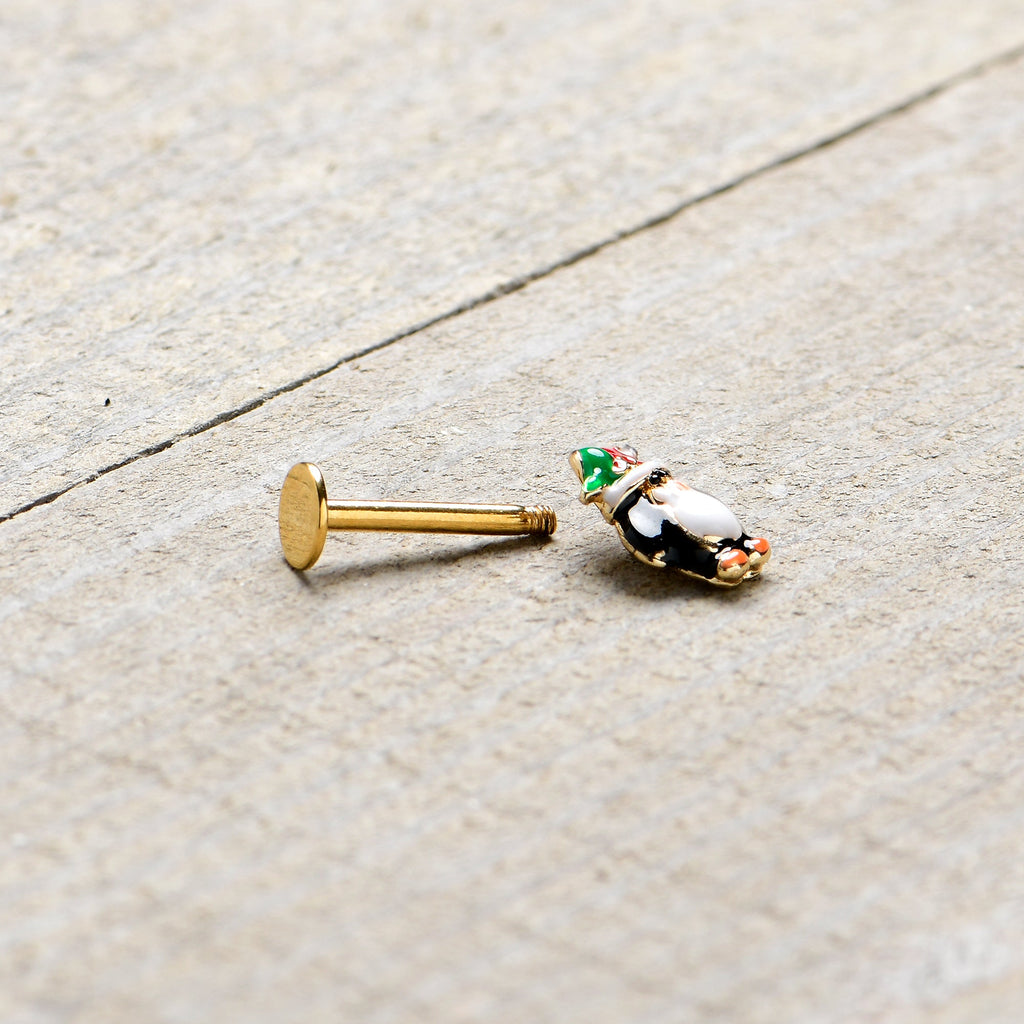 BodyCandy 16G 5/16 Gold Tone Holly Hat Penguin Holiday Labret Monroe Tragus — back view