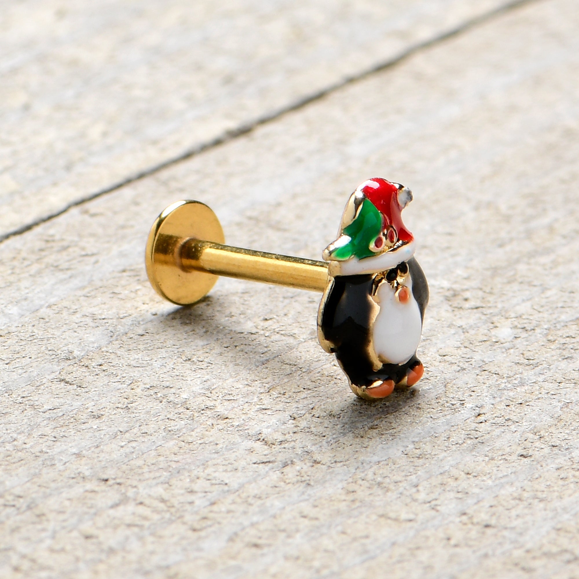 BodyCandy 16G 5/16 Gold Tone Holly Hat Penguin Holiday Labret Monroe Tragus — size reference