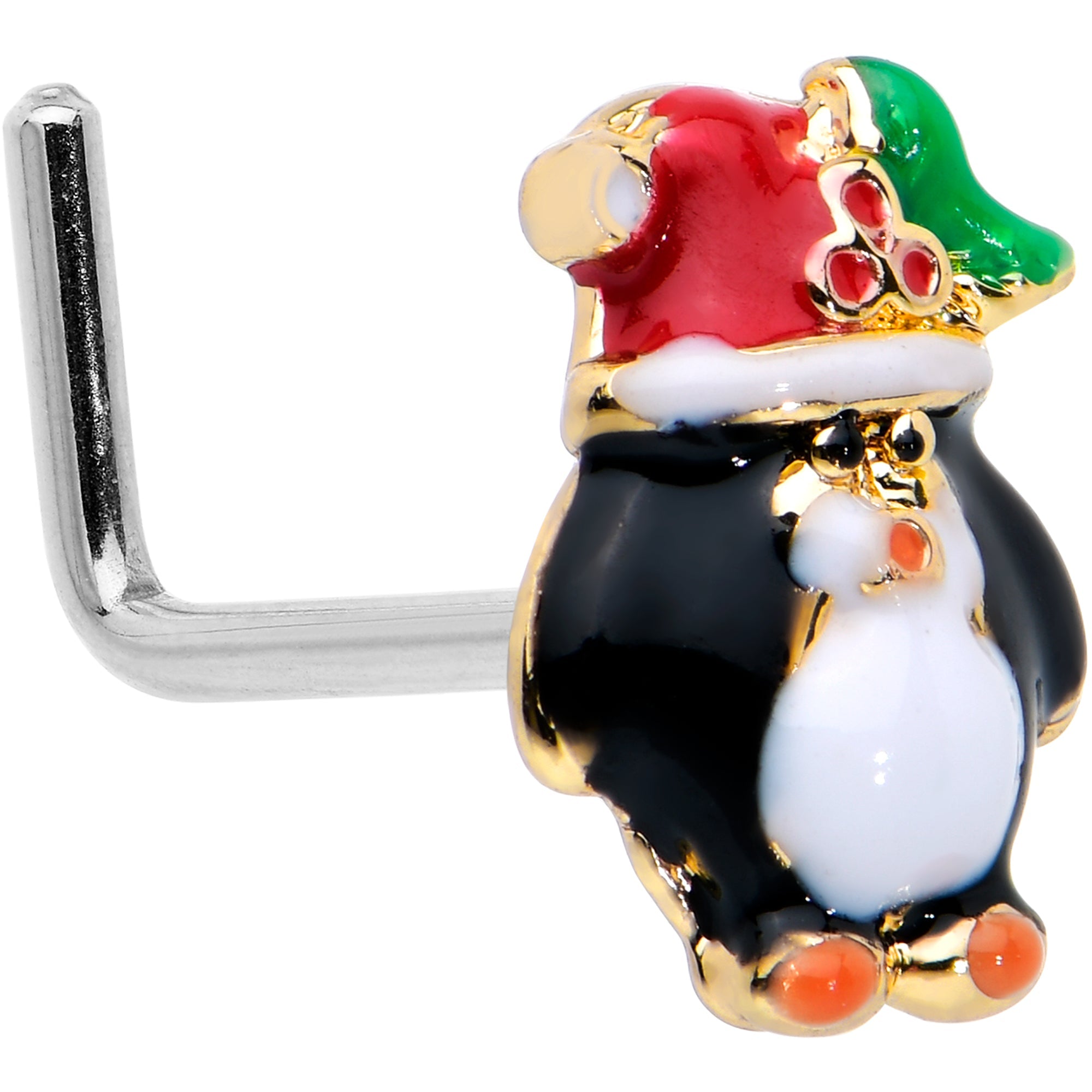 BodyCandy 20G 7mm Holly Hat Penguin Holiday L Shape Nose Ring — main product shot
