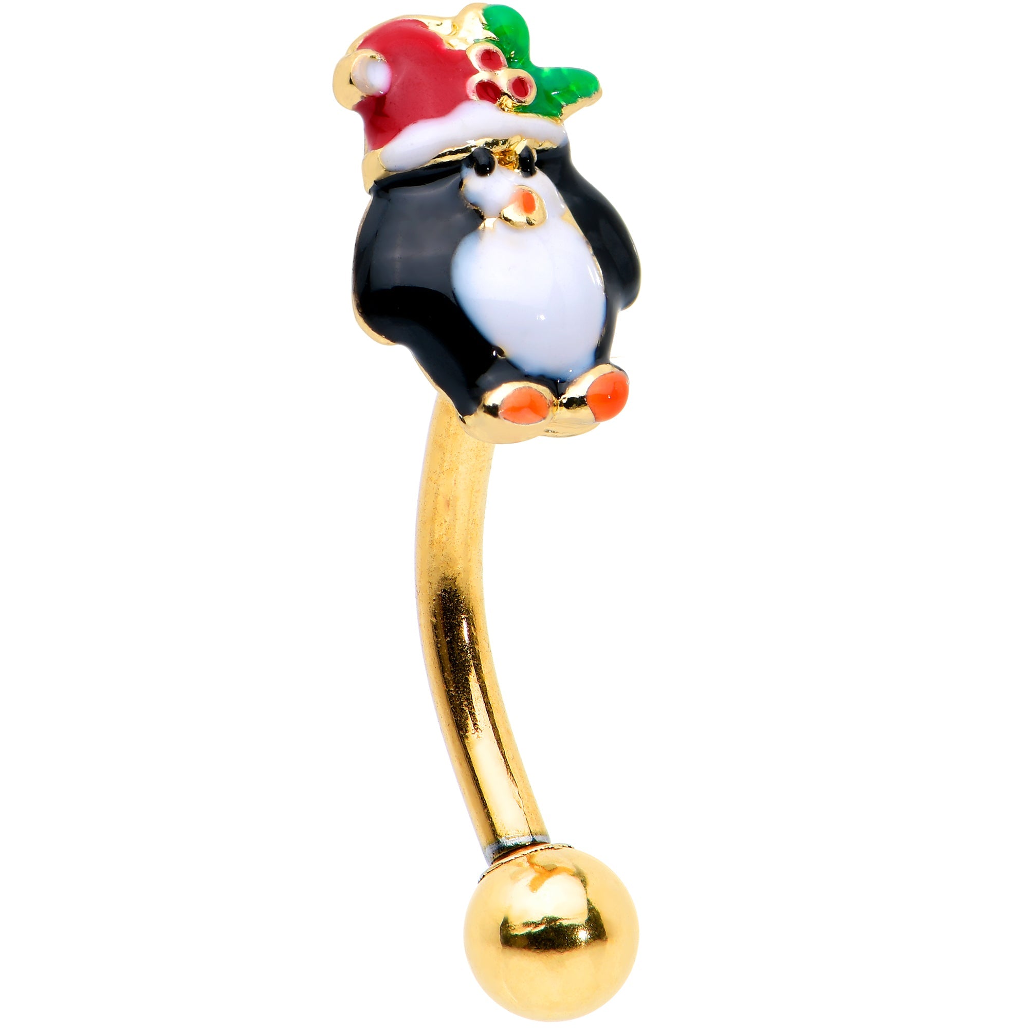 BodyCandy 16G 5/16 Gold Tone Holly Hat Penguin Holiday Curved Eyebrow Ring — main product shot