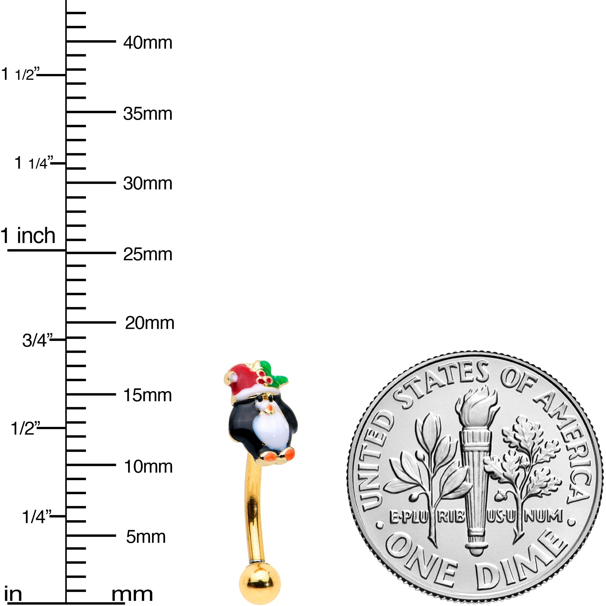 BodyCandy 16G 5/16 Gold Tone Holly Hat Penguin Holiday Curved Eyebrow Ring — back view