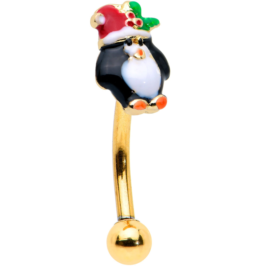 BodyCandy 16G 5/16 Gold Tone Holly Hat Penguin Holiday Curved Eyebrow Ring — size reference