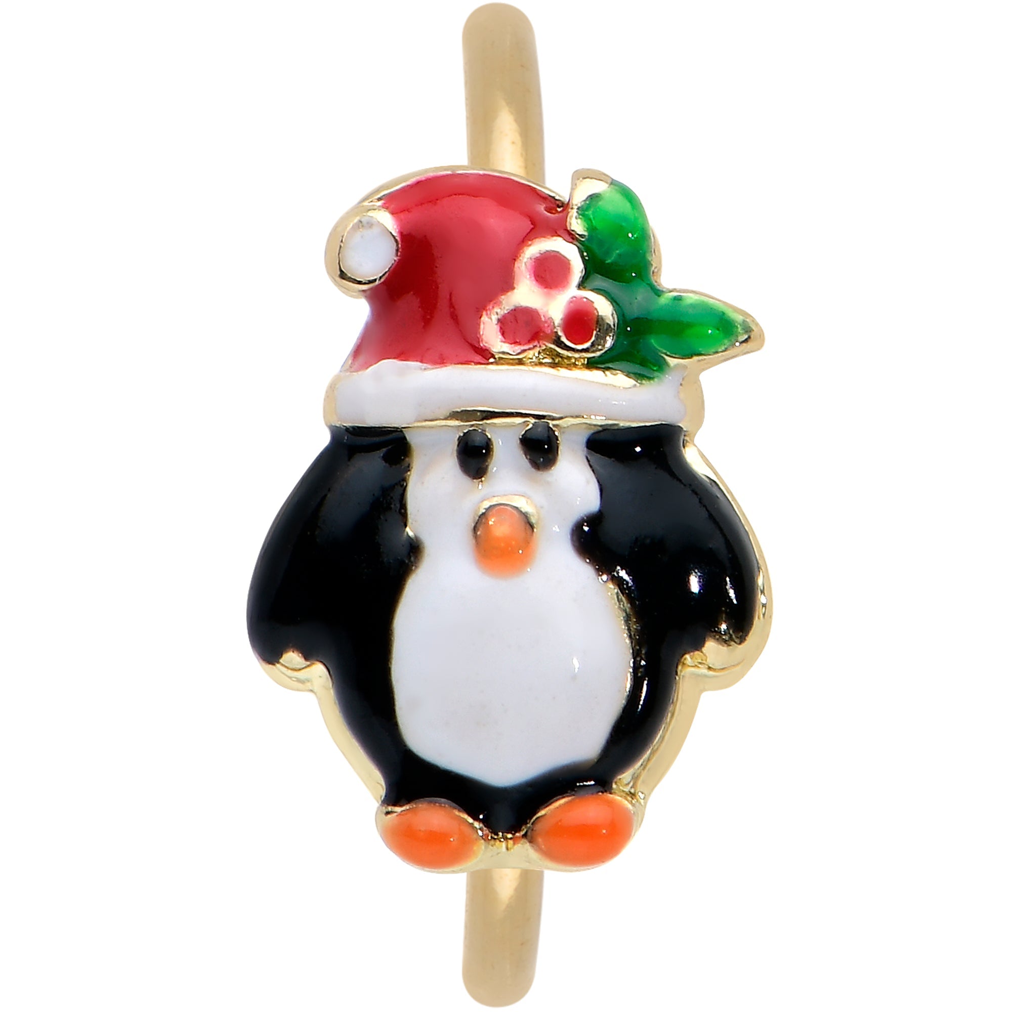 BodyCandy 20G 5/16 Gold Tone Holly Hat Penguin Holiday Nose Hoop — detail close-up